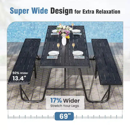 Ensemble de salle à manger extérieur Captiva Designs en grain de bois avec piètement en forme de A et trou pour parasol