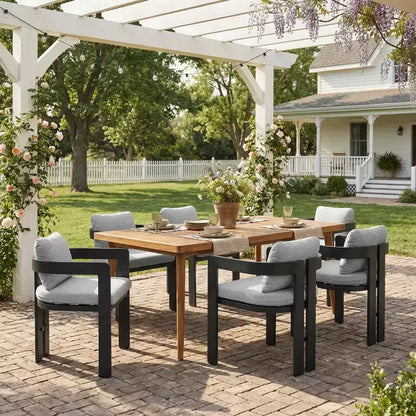 ModernLuxe Ensemble de salle à manger d'extérieur 7 pièces pour 6 personnes, ensemble de meubles de patio de jardin avec 6 chaises avec coussins et cadre résistant aux intempéries