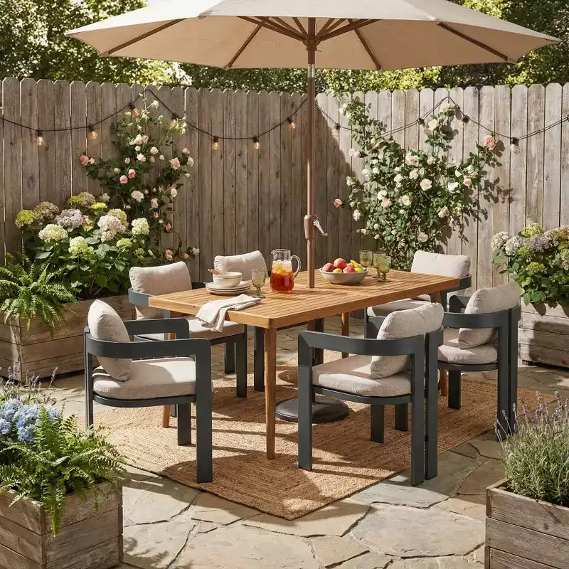 ModernLuxe Ensemble de salle à manger d'extérieur 7 pièces pour 6 personnes, ensemble de meubles de patio de jardin avec 6 chaises avec coussins et cadre résistant aux intempéries
