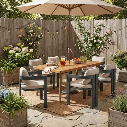ModernLuxe Ensemble de salle à manger d'extérieur 7 pièces pour 6 personnes, ensemble de meubles de patio de jardin avec 6 chaises avec coussins et cadre résistant aux intempéries