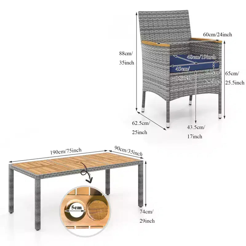 Gymax Ensemble de salle à manger d'extérieur 9 pièces pour 8 personnes avec chaises en rotin PE et table avec 2 trous pour parasol pour jardin, terrasse, patio
