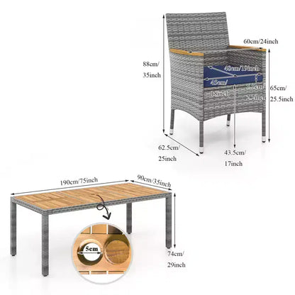 Gymax Ensemble de salle à manger d'extérieur 9 pièces pour 8 personnes avec chaises en rotin PE et table avec 2 trous pour parasol pour jardin, terrasse, patio