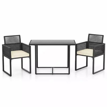 Gymax 3-Piece Patio PE Wicker Furniture Set w/ Cushioned Folding-Back Chairs for Backyard Patio or Garden