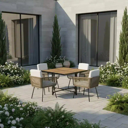 Set da pranzo Gymax 5 pezzi da esterno con tavolo rettangolare in legno di acacia e sedie imbottite per cortile e giardino