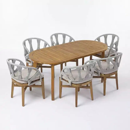 Ensemble de salle à manger 7 pièces bohème d'extérieur Christopher Knight Home Cascade en bois d'acacia et osier avec table ovale à lattes pour l'extérieur
