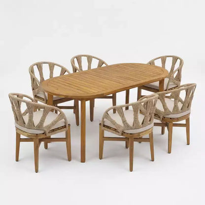 Ensemble de salle à manger 7 pièces bohème d'extérieur Christopher Knight Home Cascade en bois d'acacia et osier avec table ovale à lattes pour l'extérieur