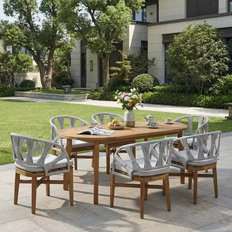 Ensemble de salle à manger 7 pièces bohème d'extérieur Christopher Knight Home Cascade en bois d'acacia et osier avec table ovale à lattes pour l'extérieur