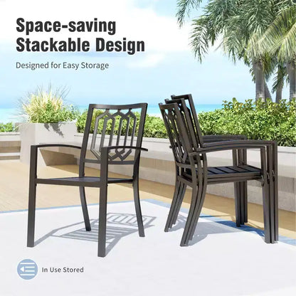 Captiva Designs Ensemble de salle à manger d'extérieur 8 pièces avec table rectangulaire en acier à lattes, chaises empilables en métal et parasol bleu de 3,96 m
