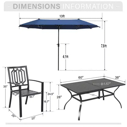 Captiva Designs Ensemble de salle à manger d'extérieur 8 pièces avec table rectangulaire en acier à lattes, chaises empilables en métal et parasol bleu de 3,96 m