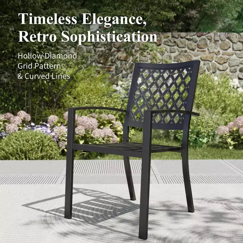 Captiva Designs Ensemble de salle à manger d'extérieur 8 pièces avec table rectangulaire en acier à lattes, chaises empilables en métal et parasol bleu de 3,96 m
