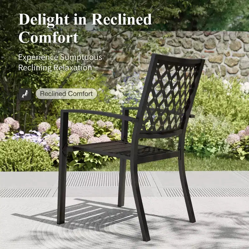 Captiva Designs Ensemble de salle à manger d'extérieur 8 pièces avec table rectangulaire en acier à lattes, chaises empilables en métal et parasol bleu de 3,96 m