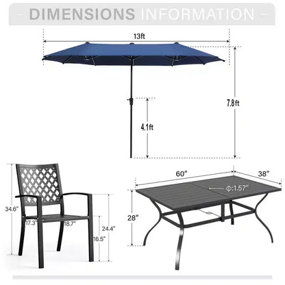 Captiva Designs Ensemble de salle à manger d'extérieur 8 pièces avec table rectangulaire en acier à lattes, chaises empilables en métal et parasol bleu de 3,96 m