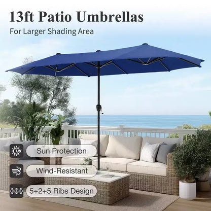 Captiva Designs Ensemble de salle à manger d'extérieur 8 pièces avec table rectangulaire en acier à lattes, chaises empilables en métal et parasol bleu de 3,96 m