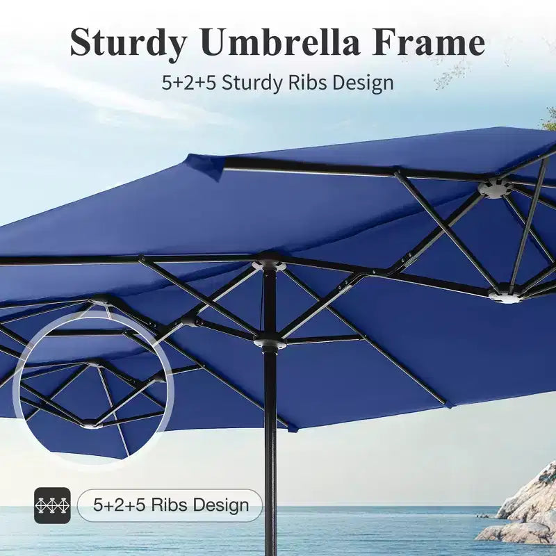 Captiva Designs Ensemble de salle à manger d'extérieur 8 pièces avec table rectangulaire en acier à lattes, chaises empilables en métal et parasol bleu de 3,96 m