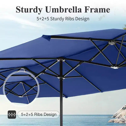 Captiva Designs Ensemble de salle à manger d'extérieur 8 pièces avec table rectangulaire en acier à lattes, chaises empilables en métal et parasol bleu de 3,96 m