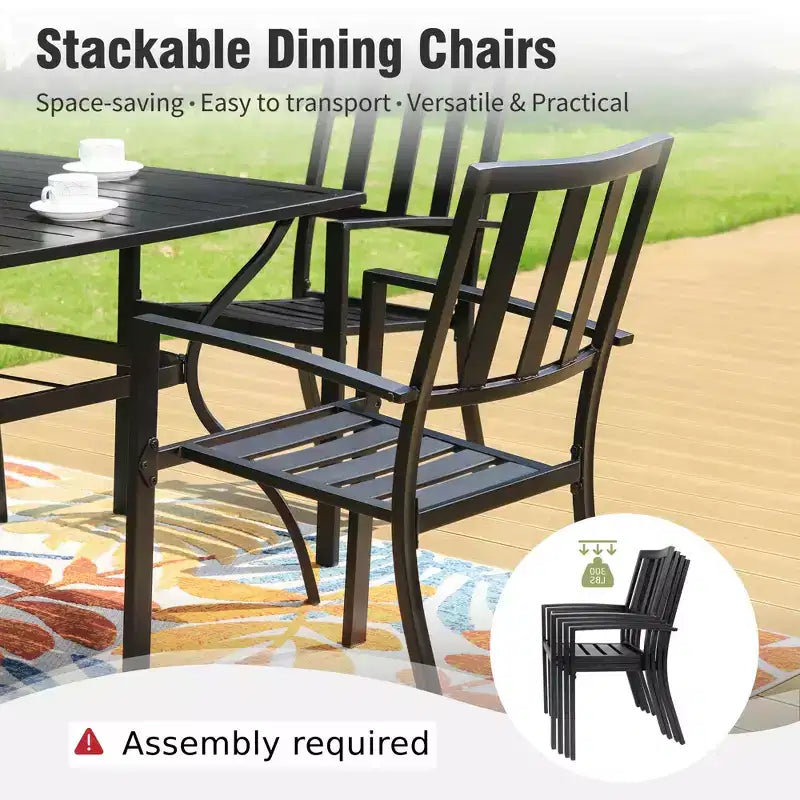 Captiva Designs Ensemble de salle à manger d'extérieur 8 pièces avec table rectangulaire en acier à lattes, chaises empilables en métal et parasol bleu de 3,96 m