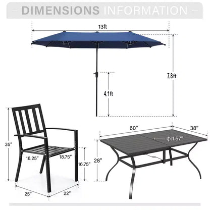 Captiva Designs Ensemble de salle à manger d'extérieur 8 pièces avec table rectangulaire en acier à lattes, chaises empilables en métal et parasol bleu de 3,96 m