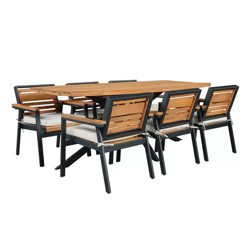 Ensemble de salle à manger d'extérieur 7 pièces Whisen pour 6, ensemble table et chaises de patio, ensemble de salle à manger de jardin, 1 table de salle à manger rectangulaire et 6 chaises avec coussins
