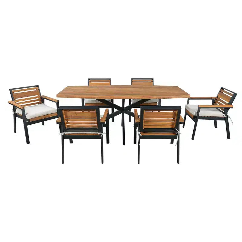 Ensemble de salle à manger d'extérieur 7 pièces Whisen pour 6, ensemble table et chaises de patio, ensemble de salle à manger de jardin, 1 table de salle à manger rectangulaire et 6 chaises avec coussins