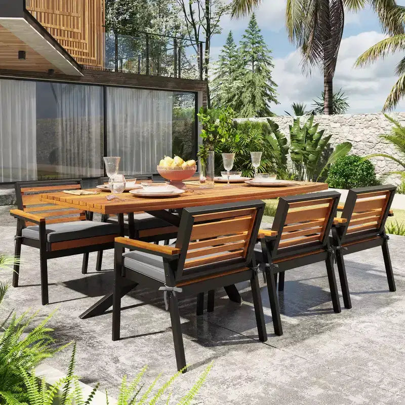 Ensemble de salle à manger d'extérieur 7 pièces Whisen pour 6, ensemble table et chaises de patio, ensemble de salle à manger de jardin, 1 table de salle à manger rectangulaire et 6 chaises avec coussins