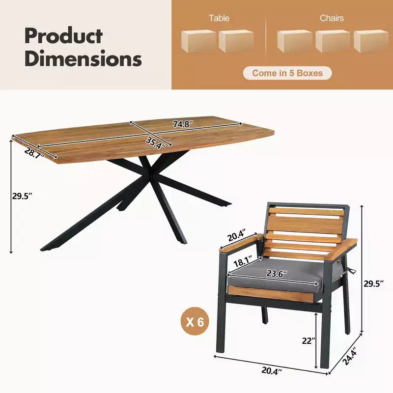 Ensemble de salle à manger d'extérieur 7 pièces Whisen pour 6, ensemble table et chaises de patio, ensemble de salle à manger de jardin, 1 table de salle à manger rectangulaire et 6 chaises avec coussins