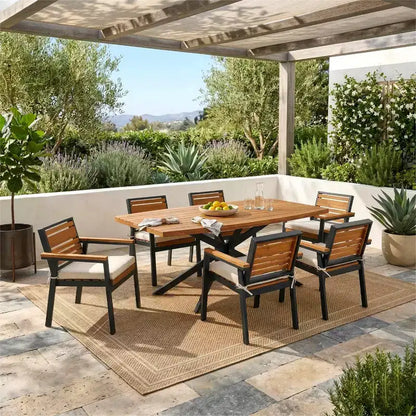 Ensemble de salle à manger d'extérieur 7 pièces Whisen pour 6, ensemble table et chaises de patio, ensemble de salle à manger de jardin, 1 table de salle à manger rectangulaire et 6 chaises avec coussins