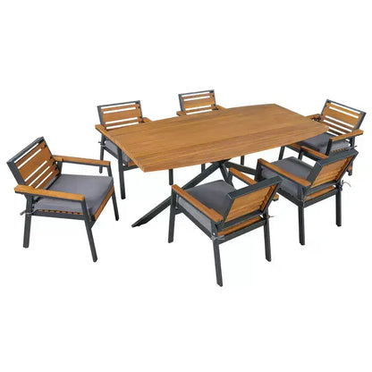 Ensemble de salle à manger d'extérieur 7 pièces Whisen pour 6, ensemble table et chaises de patio, ensemble de salle à manger de jardin, 1 table de salle à manger rectangulaire et 6 chaises avec coussins