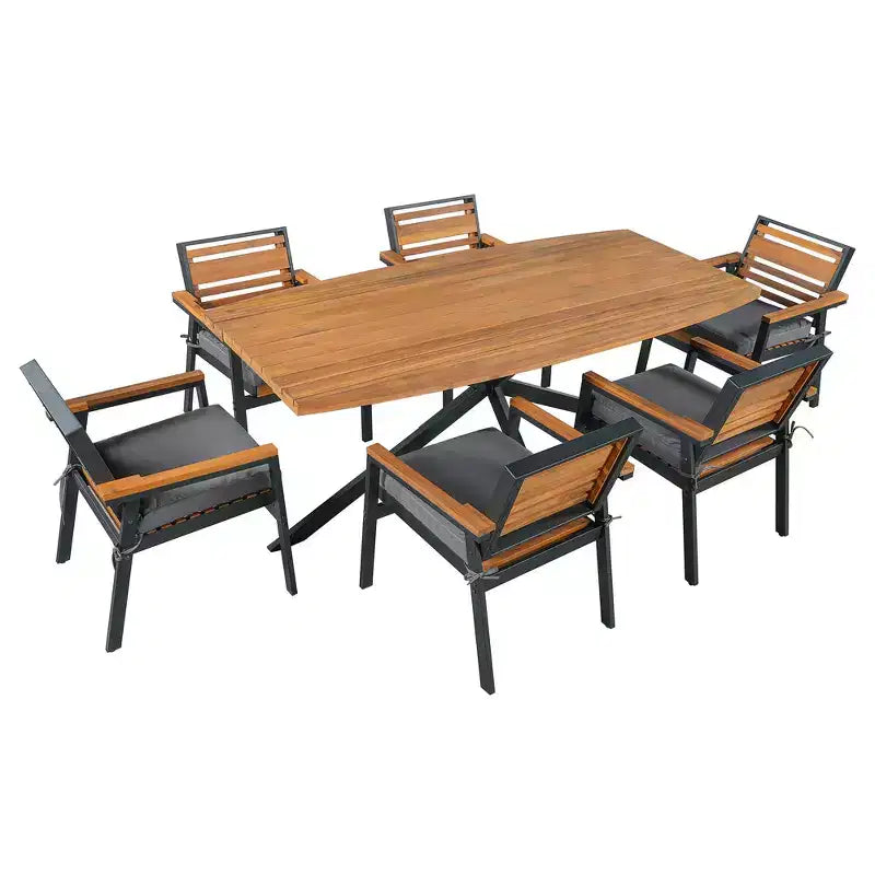 Ensemble de salle à manger d'extérieur 7 pièces Whisen pour 6, ensemble table et chaises de patio, ensemble de salle à manger de jardin, 1 table de salle à manger rectangulaire et 6 chaises avec coussins