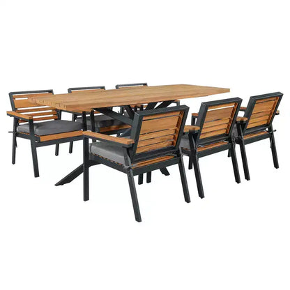 Ensemble de salle à manger d'extérieur 7 pièces Whisen pour 6, ensemble table et chaises de patio, ensemble de salle à manger de jardin, 1 table de salle à manger rectangulaire et 6 chaises avec coussins