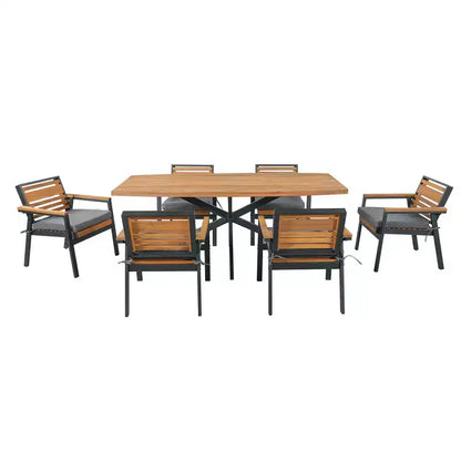 Ensemble de salle à manger d'extérieur 7 pièces Whisen pour 6, ensemble table et chaises de patio, ensemble de salle à manger de jardin, 1 table de salle à manger rectangulaire et 6 chaises avec coussins