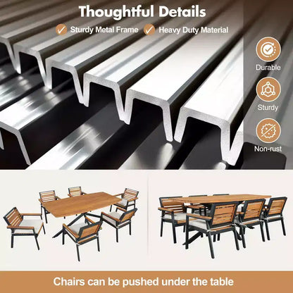 Ensemble de salle à manger d'extérieur 7 pièces Whisen pour 6, ensemble table et chaises de patio, ensemble de salle à manger de jardin, 1 table de salle à manger rectangulaire et 6 chaises avec coussins