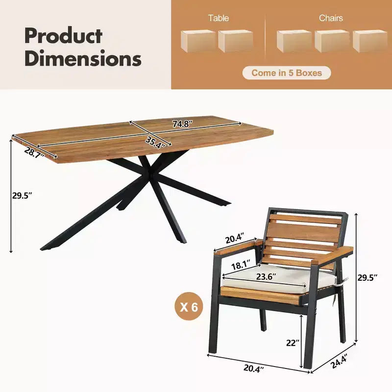 Ensemble de salle à manger d'extérieur 7 pièces Whisen pour 6, ensemble table et chaises de patio, ensemble de salle à manger de jardin, 1 table de salle à manger rectangulaire et 6 chaises avec coussins