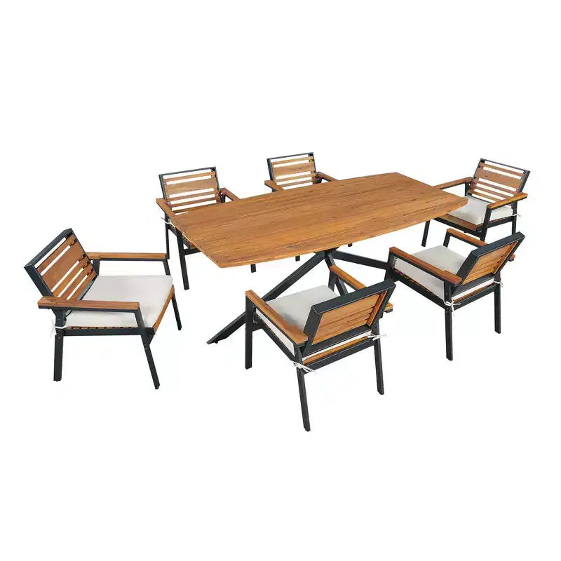 Ensemble de salle à manger d'extérieur 7 pièces Whisen pour 6, ensemble table et chaises de patio, ensemble de salle à manger de jardin, 1 table de salle à manger rectangulaire et 6 chaises avec coussins