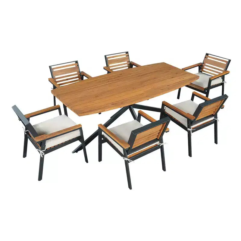 Ensemble de salle à manger d'extérieur 7 pièces Whisen pour 6, ensemble table et chaises de patio, ensemble de salle à manger de jardin, 1 table de salle à manger rectangulaire et 6 chaises avec coussins