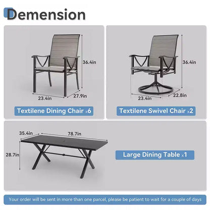 Ensemble de salle à manger d'extérieur ALAULM pour patio, avec table rectangulaire en acier en X, trou pour parasol et chaises fixes à accoudoirs ou chaises pivotantes à bascule pour fêtes de famille, pelouse, balcon, terrasse