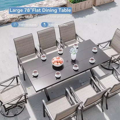 Ensemble de salle à manger d'extérieur ALAULM pour patio, avec table rectangulaire en acier en X, trou pour parasol et chaises fixes à accoudoirs ou chaises pivotantes à bascule pour fêtes de famille, pelouse, balcon, terrasse