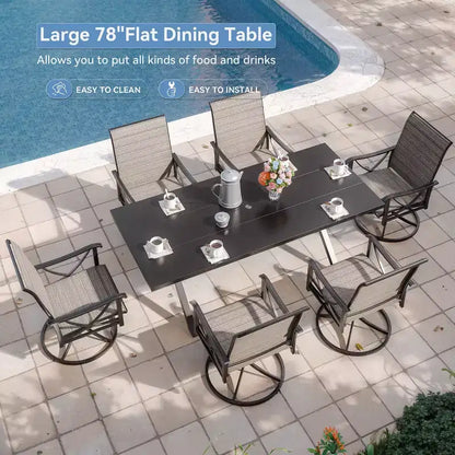 Ensemble de salle à manger d'extérieur ALAULM pour patio, avec table rectangulaire en acier en X, trou pour parasol et chaises fixes à accoudoirs ou chaises pivotantes à bascule pour fêtes de famille, pelouse, balcon, terrasse