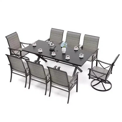 Ensemble de salle à manger d'extérieur ALAULM pour patio, avec table rectangulaire en acier en X, trou pour parasol et chaises fixes à accoudoirs ou chaises pivotantes à bascule pour fêtes de famille, pelouse, balcon, terrasse