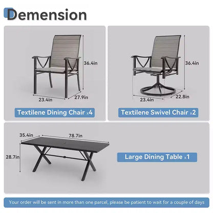 Ensemble de salle à manger d'extérieur ALAULM pour patio, avec table rectangulaire en acier en X, trou pour parasol et chaises fixes à accoudoirs ou chaises pivotantes à bascule pour fêtes de famille, pelouse, balcon, terrasse