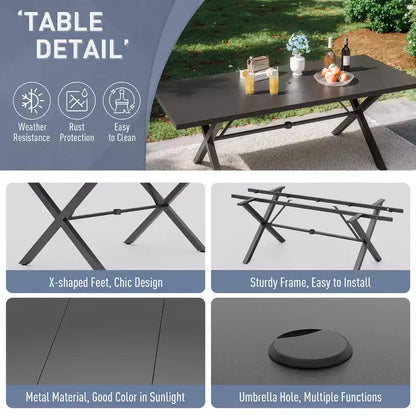 Ensemble de salle à manger d'extérieur ALAULM pour patio, avec table rectangulaire en acier en X, trou pour parasol et chaises fixes à accoudoirs ou chaises pivotantes à bascule pour fêtes de famille, pelouse, balcon, terrasse