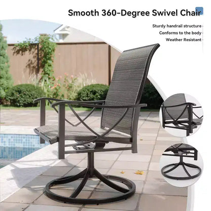 Ensemble de salle à manger d'extérieur ALAULM pour patio, avec table rectangulaire en acier en X, trou pour parasol et chaises fixes à accoudoirs ou chaises pivotantes à bascule pour fêtes de famille, pelouse, balcon, terrasse