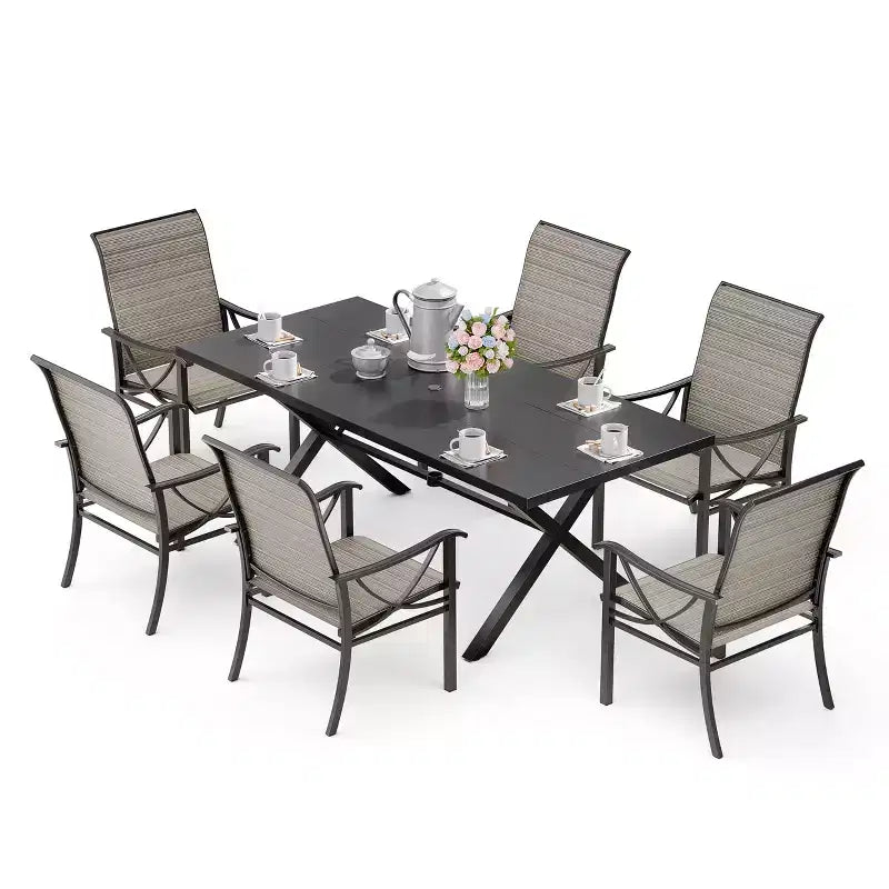 Ensemble de salle à manger d'extérieur ALAULM pour patio, avec table rectangulaire en acier en X, trou pour parasol et chaises fixes à accoudoirs ou chaises pivotantes à bascule pour fêtes de famille, pelouse, balcon, terrasse