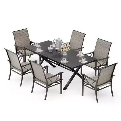 Ensemble de salle à manger d'extérieur ALAULM pour patio, avec table rectangulaire en acier en X, trou pour parasol et chaises fixes à accoudoirs ou chaises pivotantes à bascule pour fêtes de famille, pelouse, balcon, terrasse