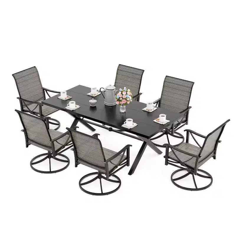 Ensemble de salle à manger d'extérieur ALAULM pour patio, avec table rectangulaire en acier en X, trou pour parasol et chaises fixes à accoudoirs ou chaises pivotantes à bascule pour fêtes de famille, pelouse, balcon, terrasse