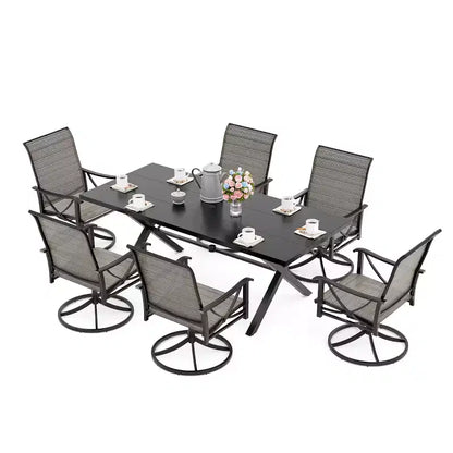 Ensemble de salle à manger d'extérieur ALAULM pour patio, avec table rectangulaire en acier en X, trou pour parasol et chaises fixes à accoudoirs ou chaises pivotantes à bascule pour fêtes de famille, pelouse, balcon, terrasse