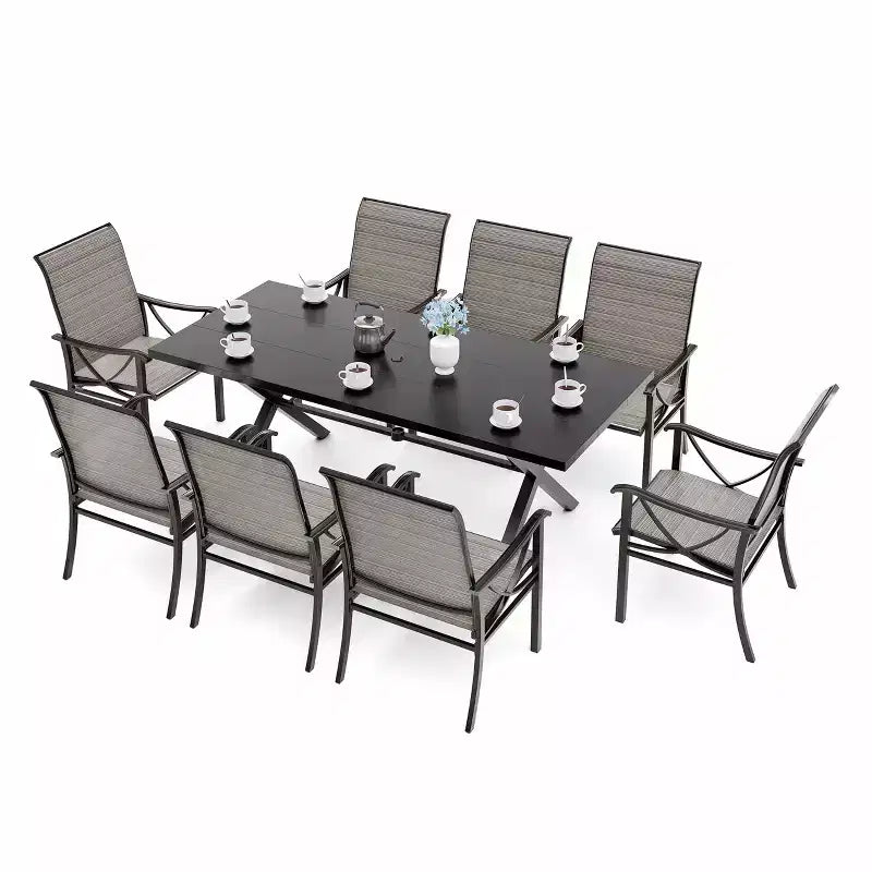 Ensemble de salle à manger d'extérieur ALAULM pour patio, avec table rectangulaire en acier en X, trou pour parasol et chaises fixes à accoudoirs ou chaises pivotantes à bascule pour fêtes de famille, pelouse, balcon, terrasse