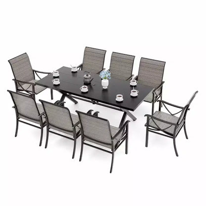 Ensemble de salle à manger d'extérieur ALAULM pour patio, avec table rectangulaire en acier en X, trou pour parasol et chaises fixes à accoudoirs ou chaises pivotantes à bascule pour fêtes de famille, pelouse, balcon, terrasse