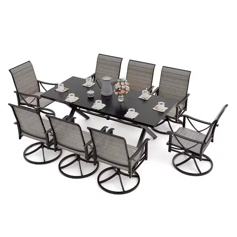 Ensemble de salle à manger d'extérieur ALAULM pour patio, avec table rectangulaire en acier en X, trou pour parasol et chaises fixes à accoudoirs ou chaises pivotantes à bascule pour fêtes de famille, pelouse, balcon, terrasse