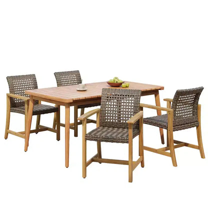 Set da pranzo da esterni in 5 pezzi in legno di acacia e rattan PE, set da 4 posti con tavolo e sedie da esterni per impieghi gravosi