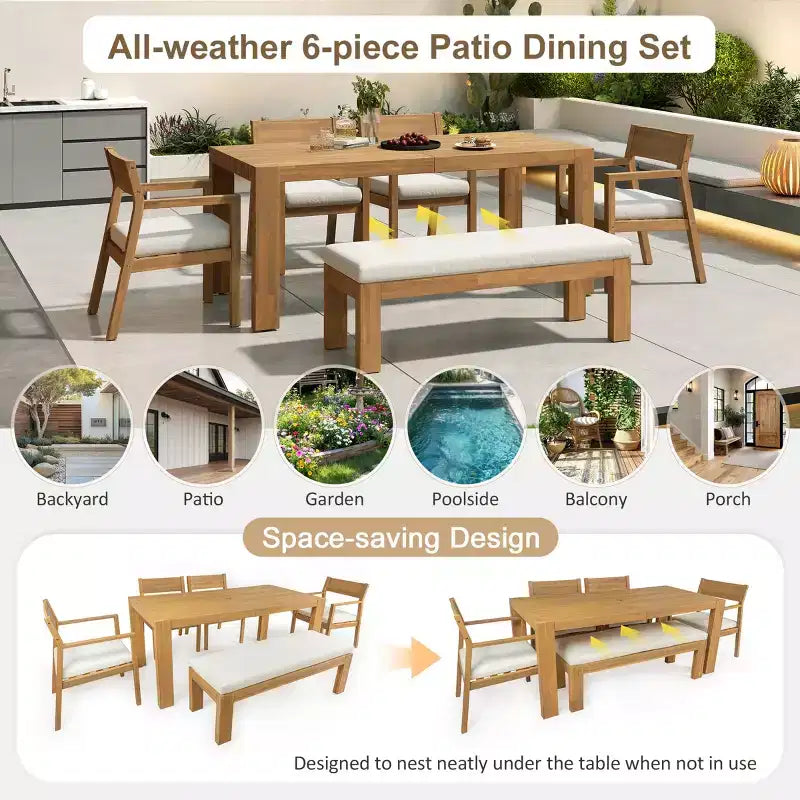 Set da pranzo da giardino Polibi a 6 posti in acacia con tavolo con foro per ombrellone, panca imbottita e 4 poltrone